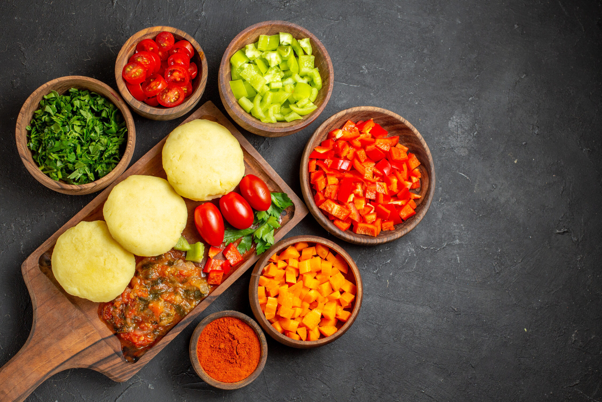 Image uncooked vegetables brown cutting board